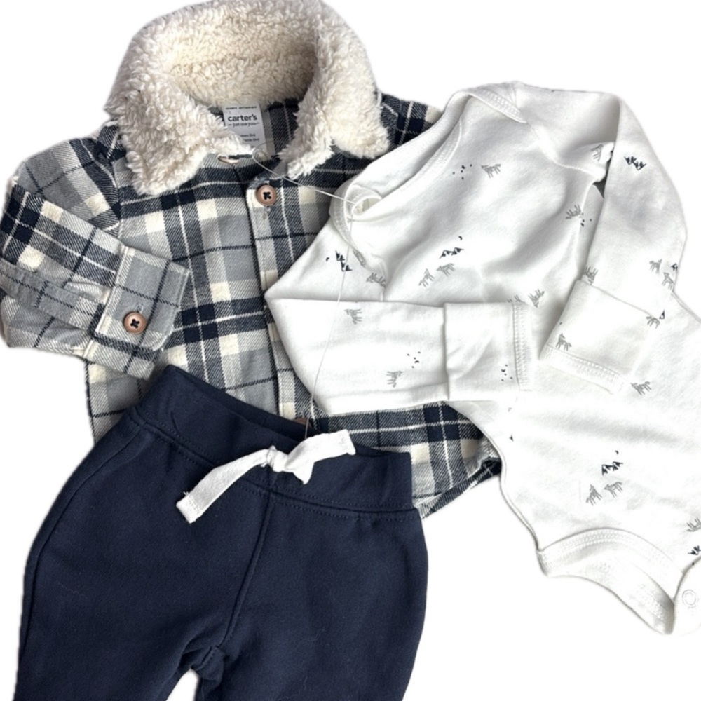 Carter's Plaid Jacket Sherpa Collar, Wolf Mountain Onesie and Navy Pants Set